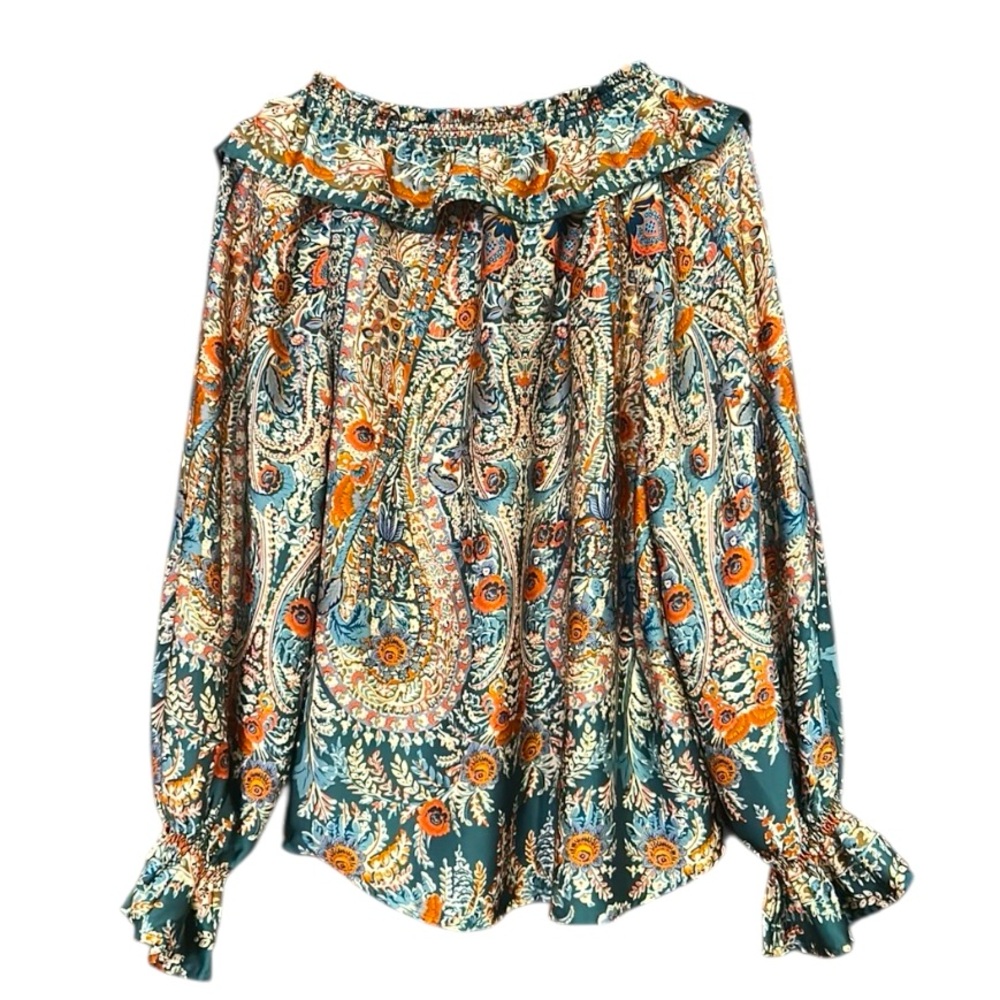 Umgee Boho Green Orange Floral Print Blouse Top V-Neck Long Sleeves Ruffle Small - Picture 3 of 11